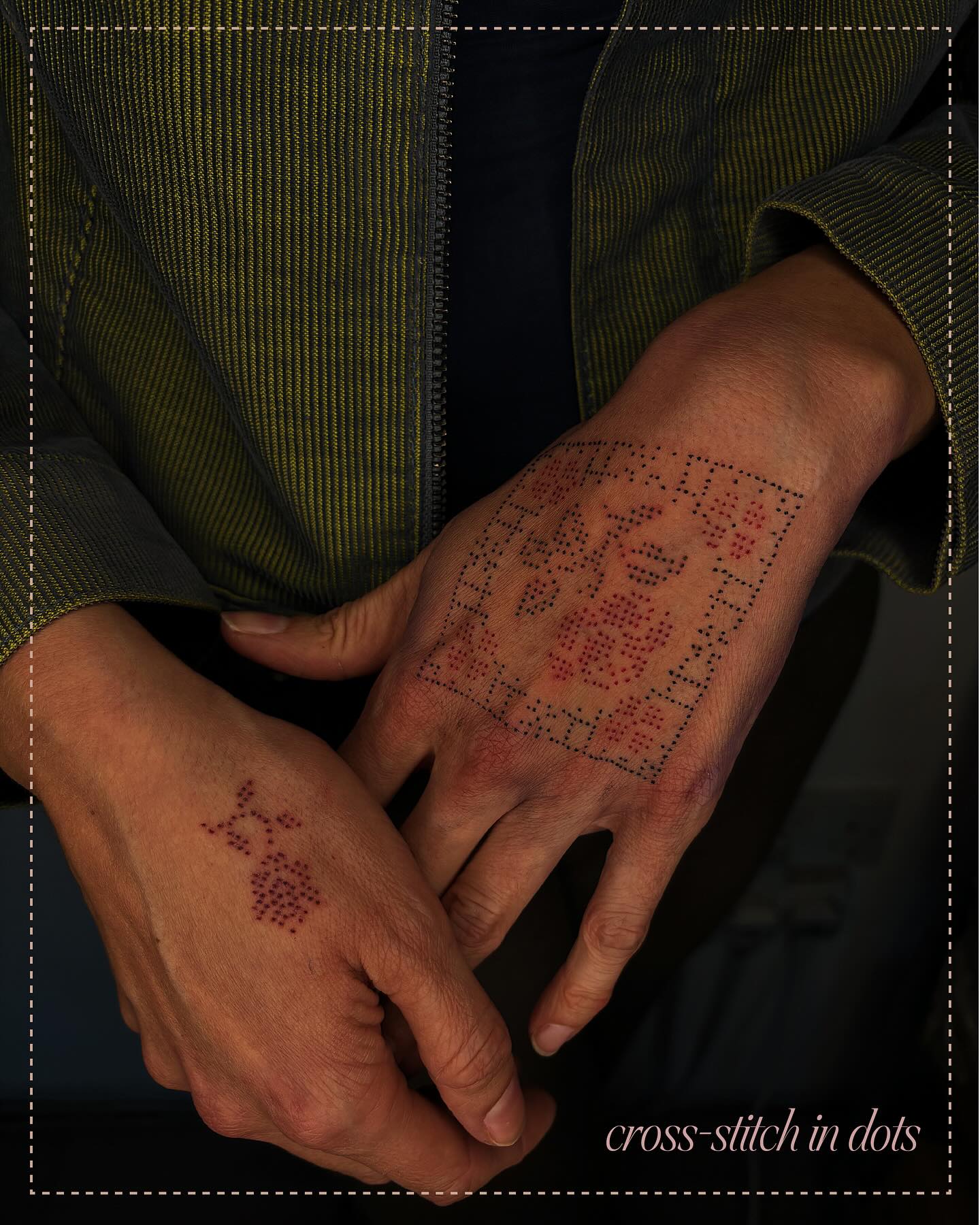Couture embroidery reborn as ink — fine-line tattoo by Utsavi Jhaveri