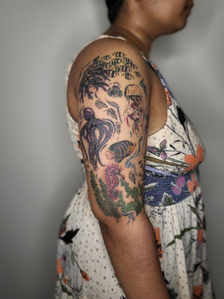 Handpoked folktale tattoo by Simranh Kakkar — woodcut-style linework
