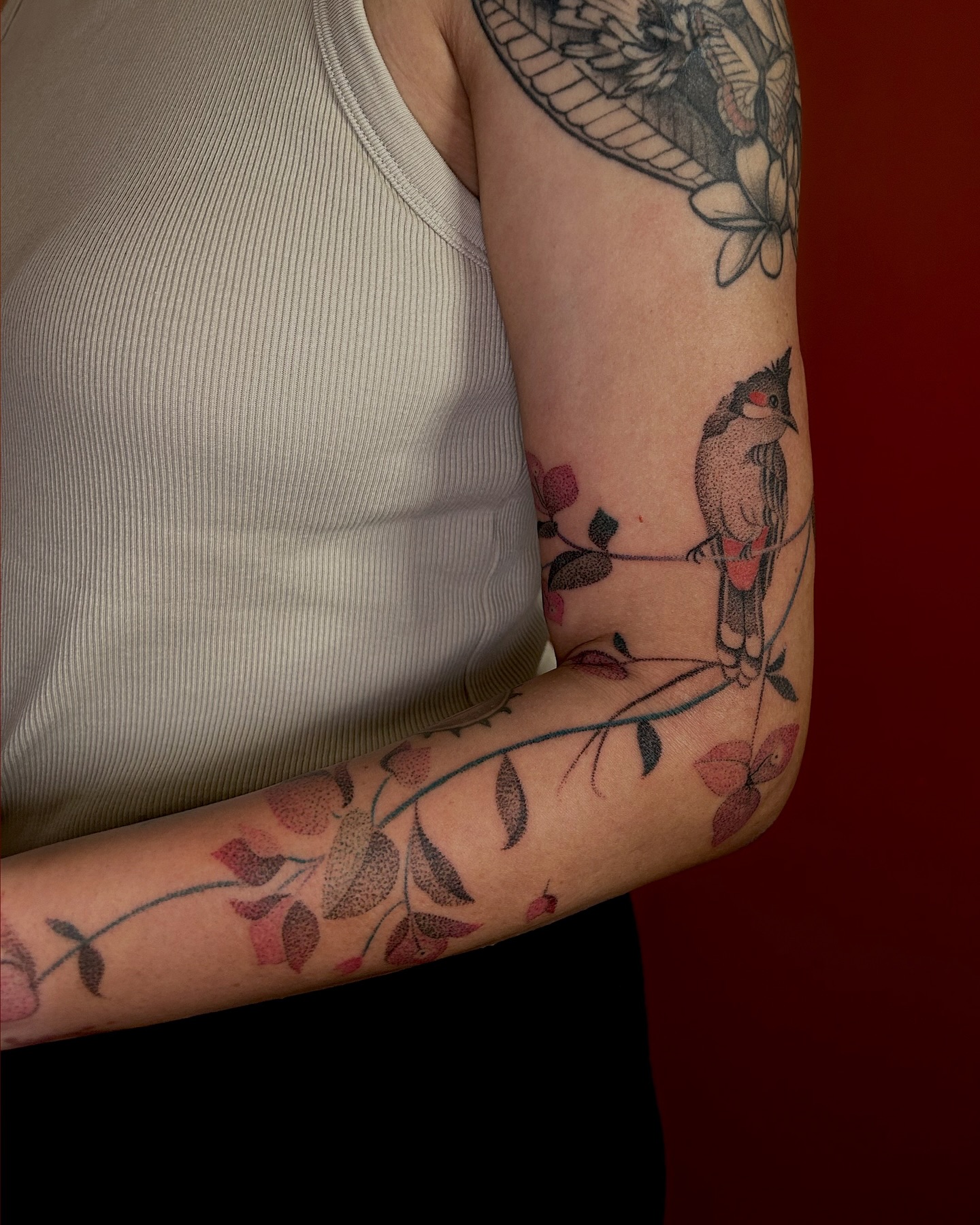 Fine-line dotwork botanical tattoo by Shivani (@stickitytats)