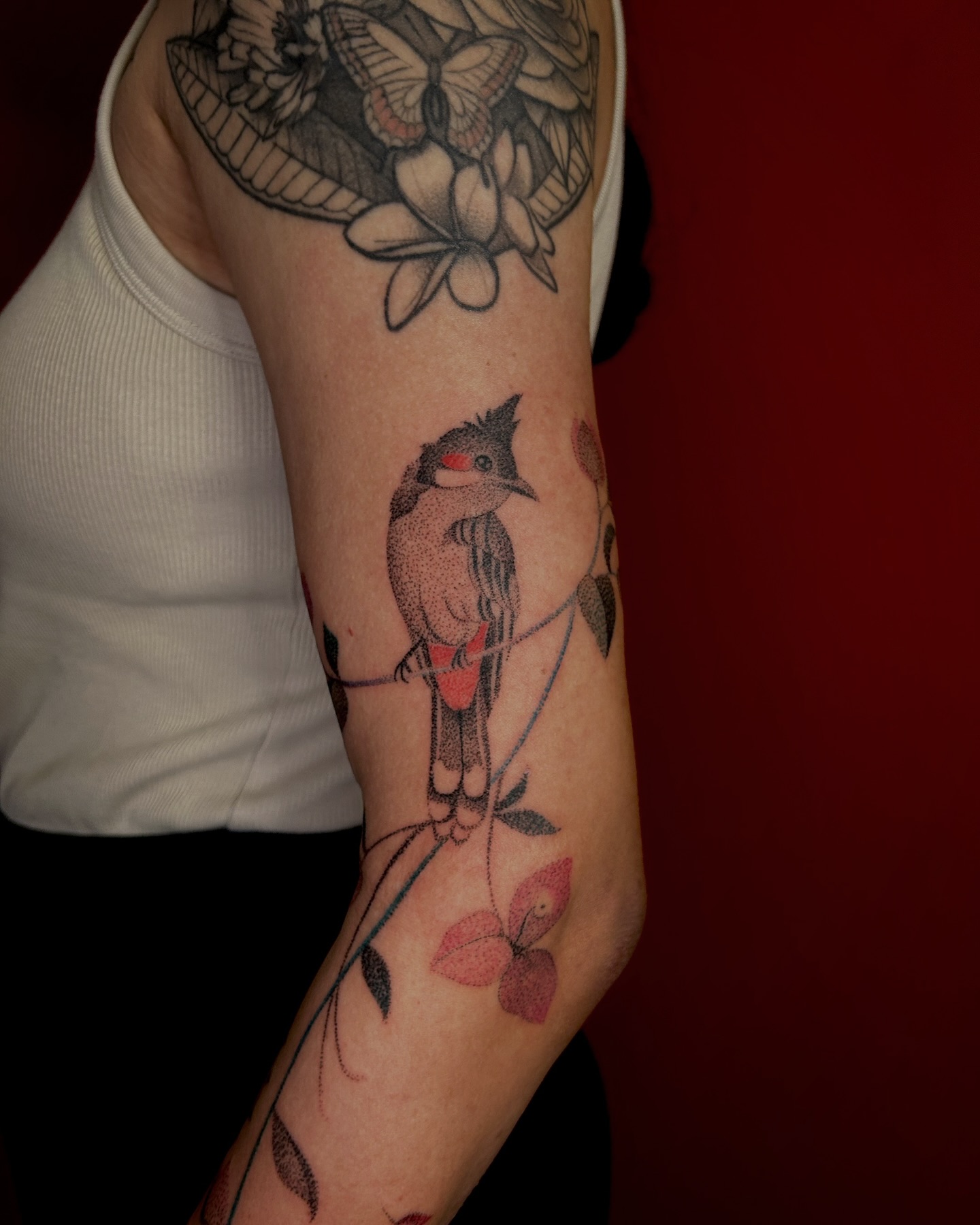Hand-poked botanical line tattoo by Shivani (@stickitytats)